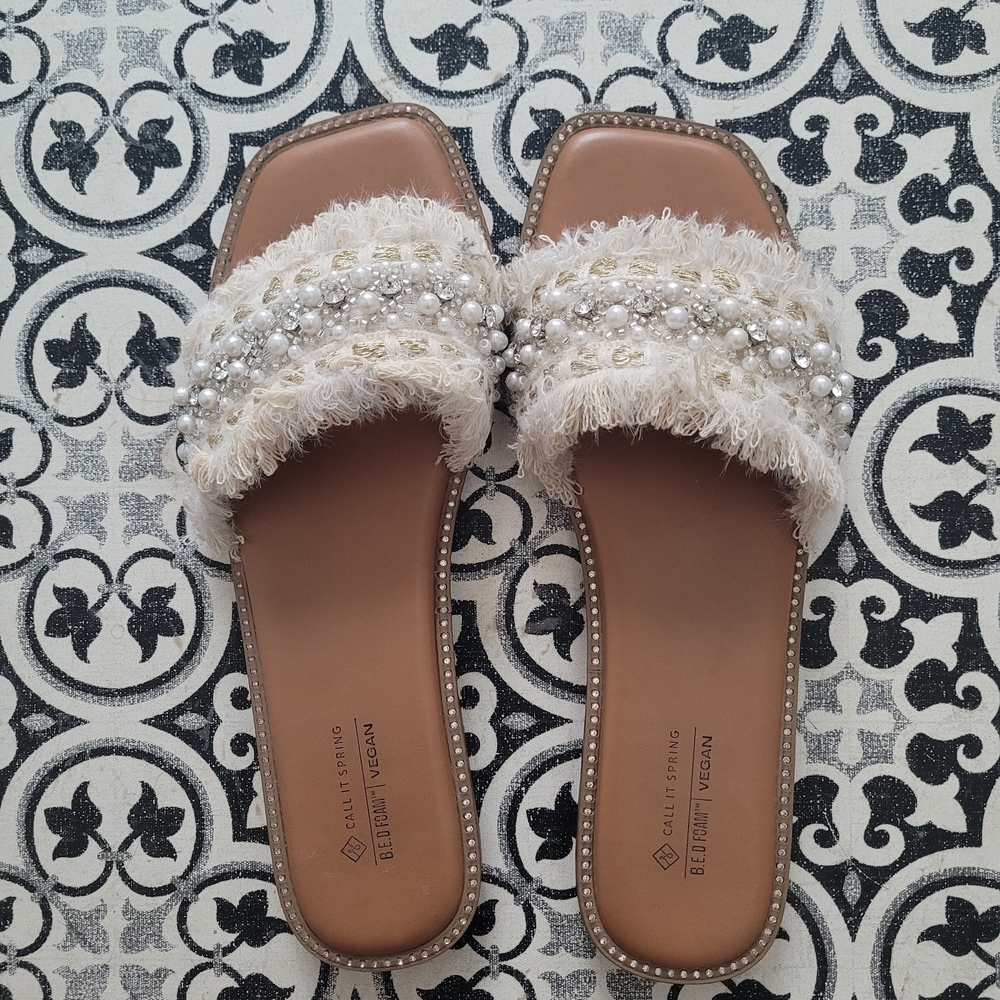 Call It Spring Beige and White Pearl Embellished Sandals